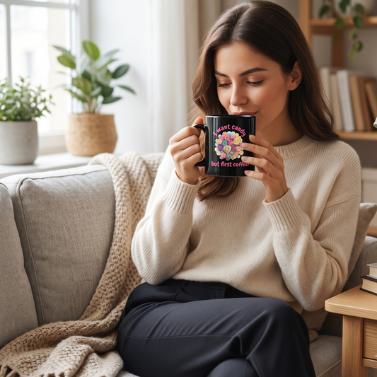 A woman sits on a beige sofa in a bright living room, holding a black mug with a colorful candy design and the text 'I want candy, but first coffee.' She wears a cream knit sweater and dark pants.