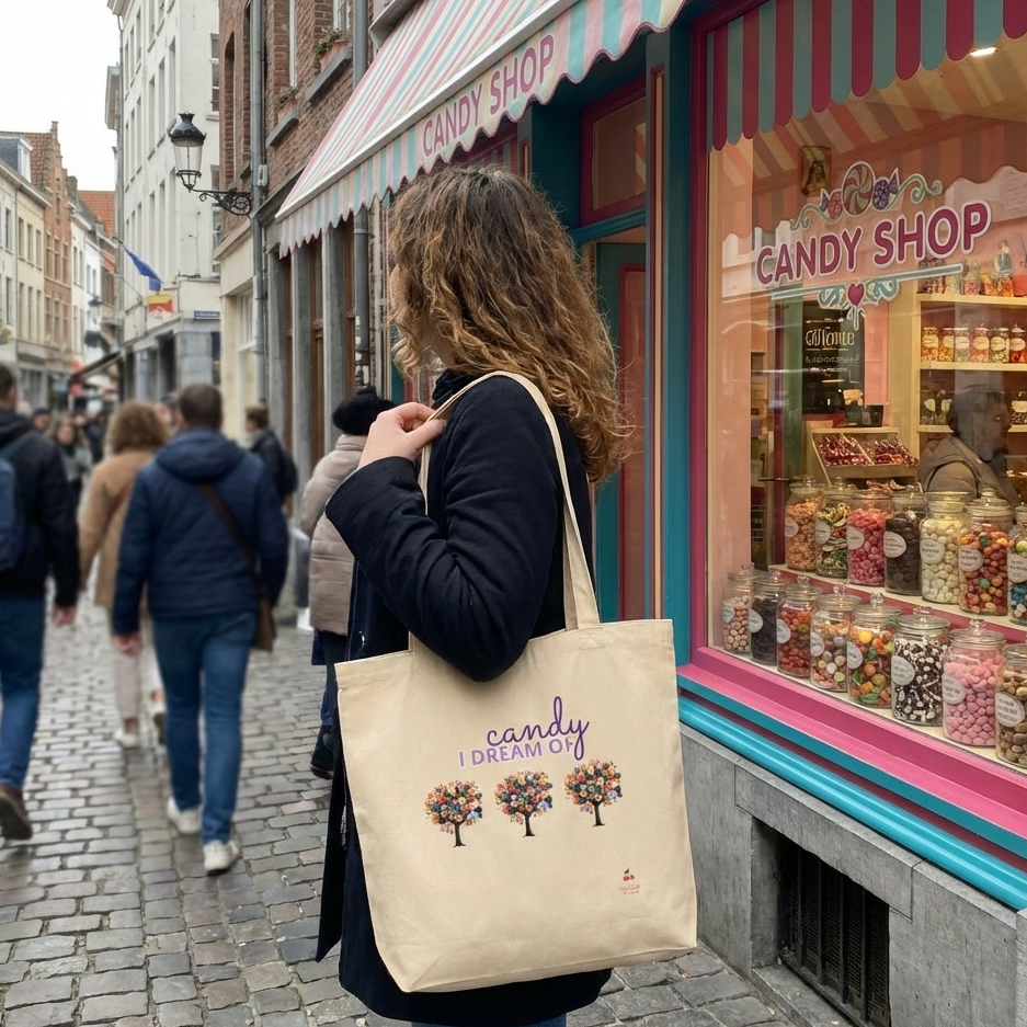 A candid outdoor photo shows a woman with curly brown hair, seen from behind, walking on a cobblestone street. She is wearing a dark coat and jeans, carrying a light-colored tote bag over her shoulder. The bag features a graphic with purple text that reads "candy I DREAM OF" above three illustrations of trees with colorful candy-like leaves. To her right is a bright pink and white striped candy shop storefront with a large window displaying many jars of colorful candies. Other pedestrians are blurred in the