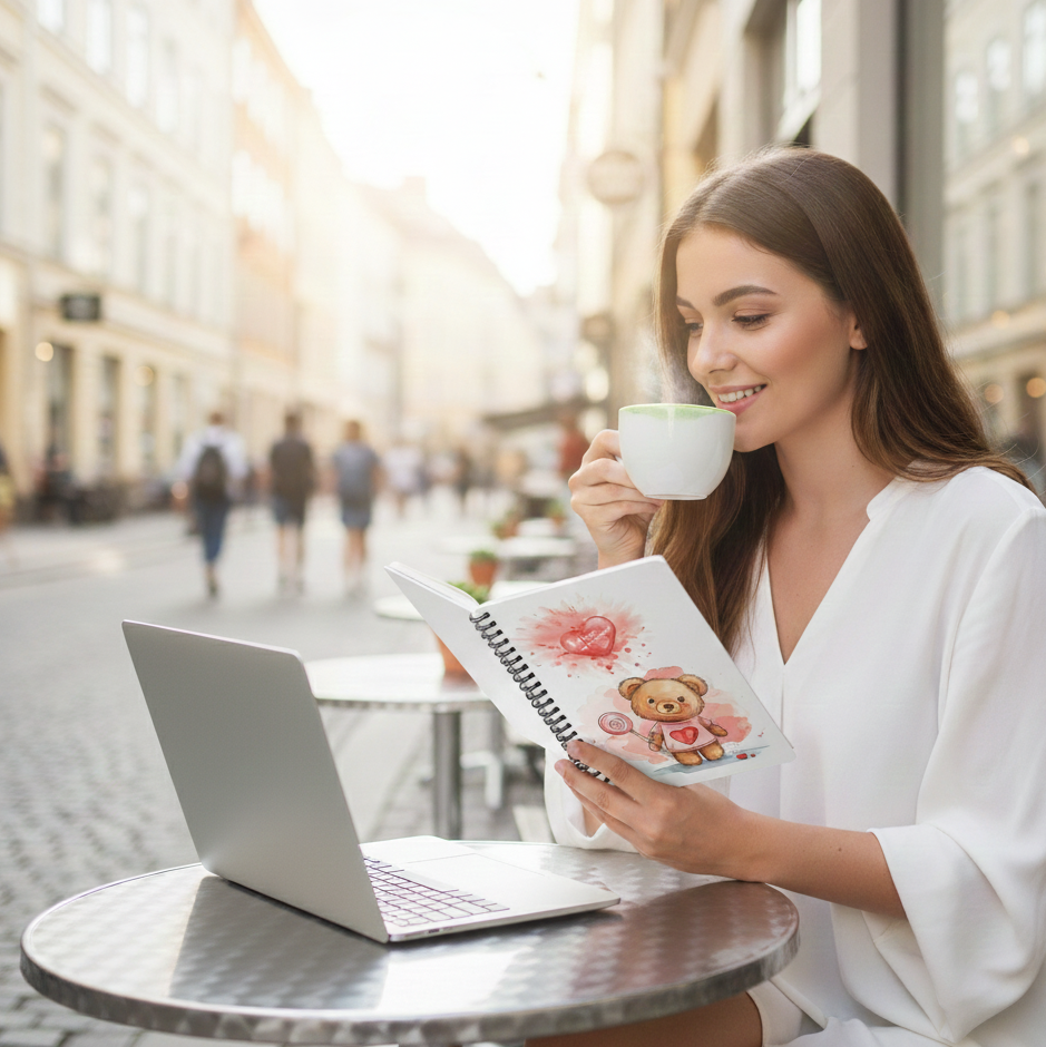 A vertical lifestyle mockup of a young woman sitting at an outdoor cafe in a sunlit Scandinavian city. She is smiling and holding an open white spiral notebook featuring a cute watercolor teddy bear and heart design. On the small metal bistro table sits a silver laptop and a cup of steaming matcha latte. The background shows a charming, blurred European street with historic buildings and people walking.