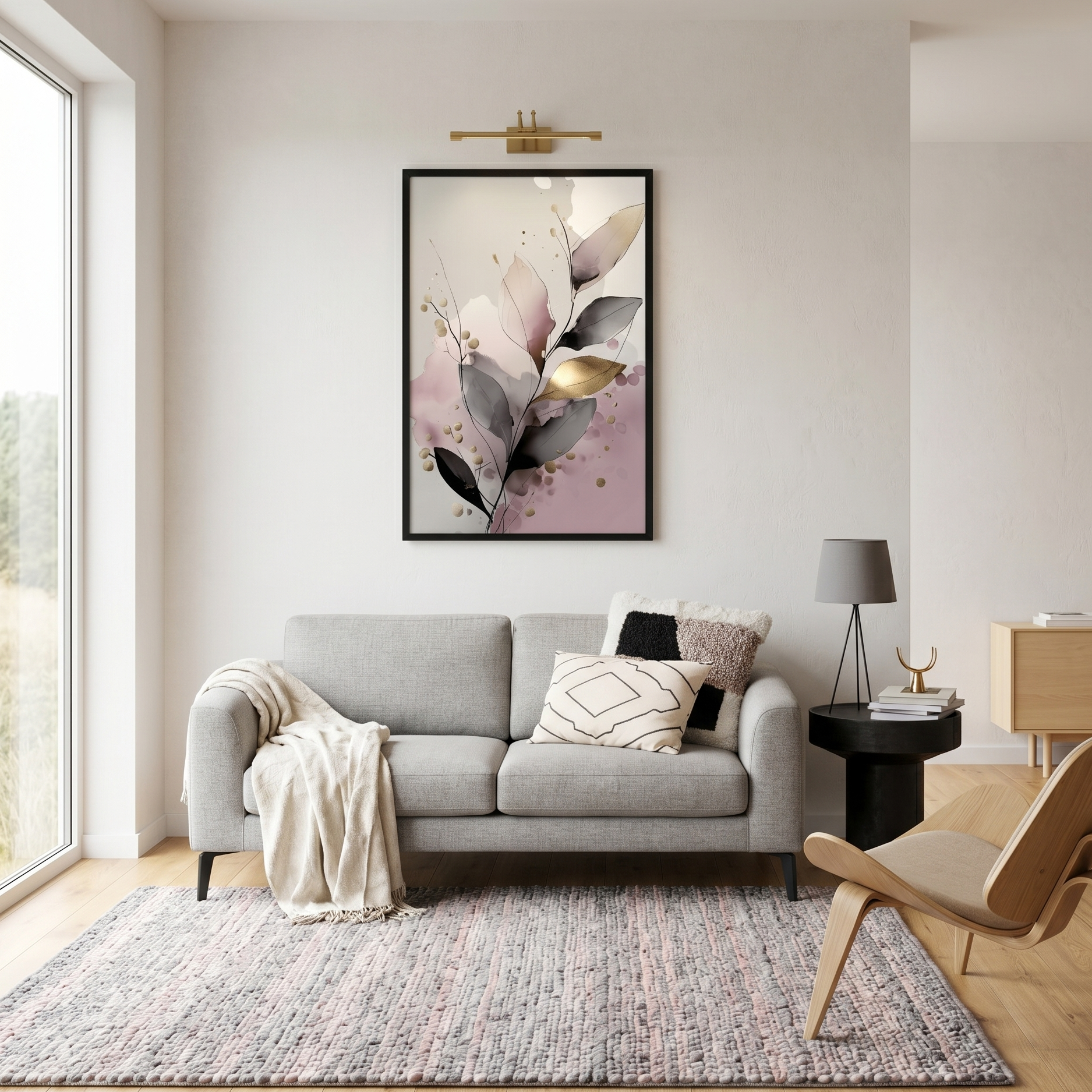 Framed abstract art piece on the wall in a modern Scandinavian home, placed above a gray sofa. 
