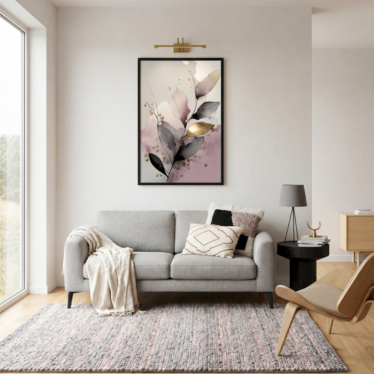 Framed abstract art piece on the wall in a modern Scandinavian home, placed above a gray sofa. 