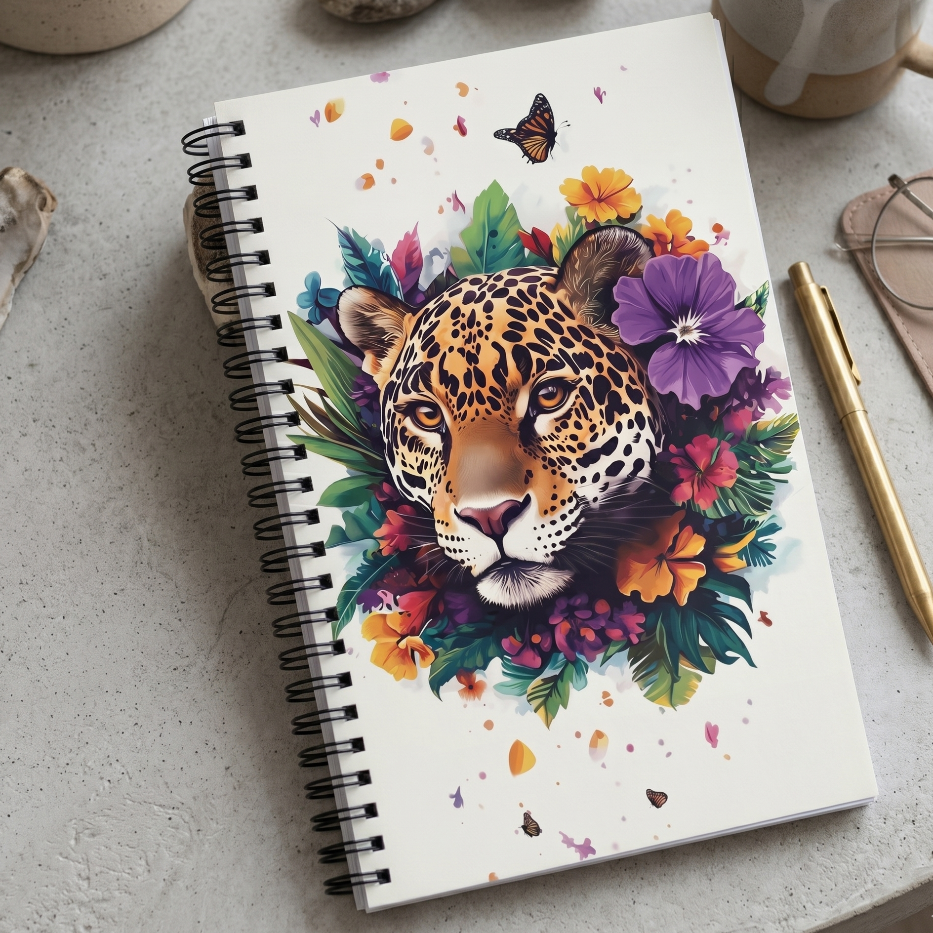 Spiral notebook with a colorful jaguar design on a light surface. 