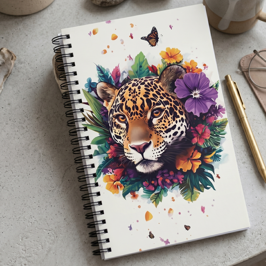 Spiral notebook with a colorful jaguar design on a light surface. 