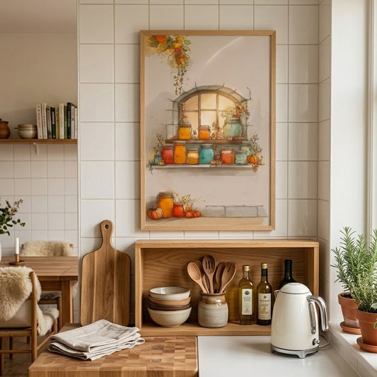 Kitchen interior with wooden shelf, framed picture, and various kitchen items.