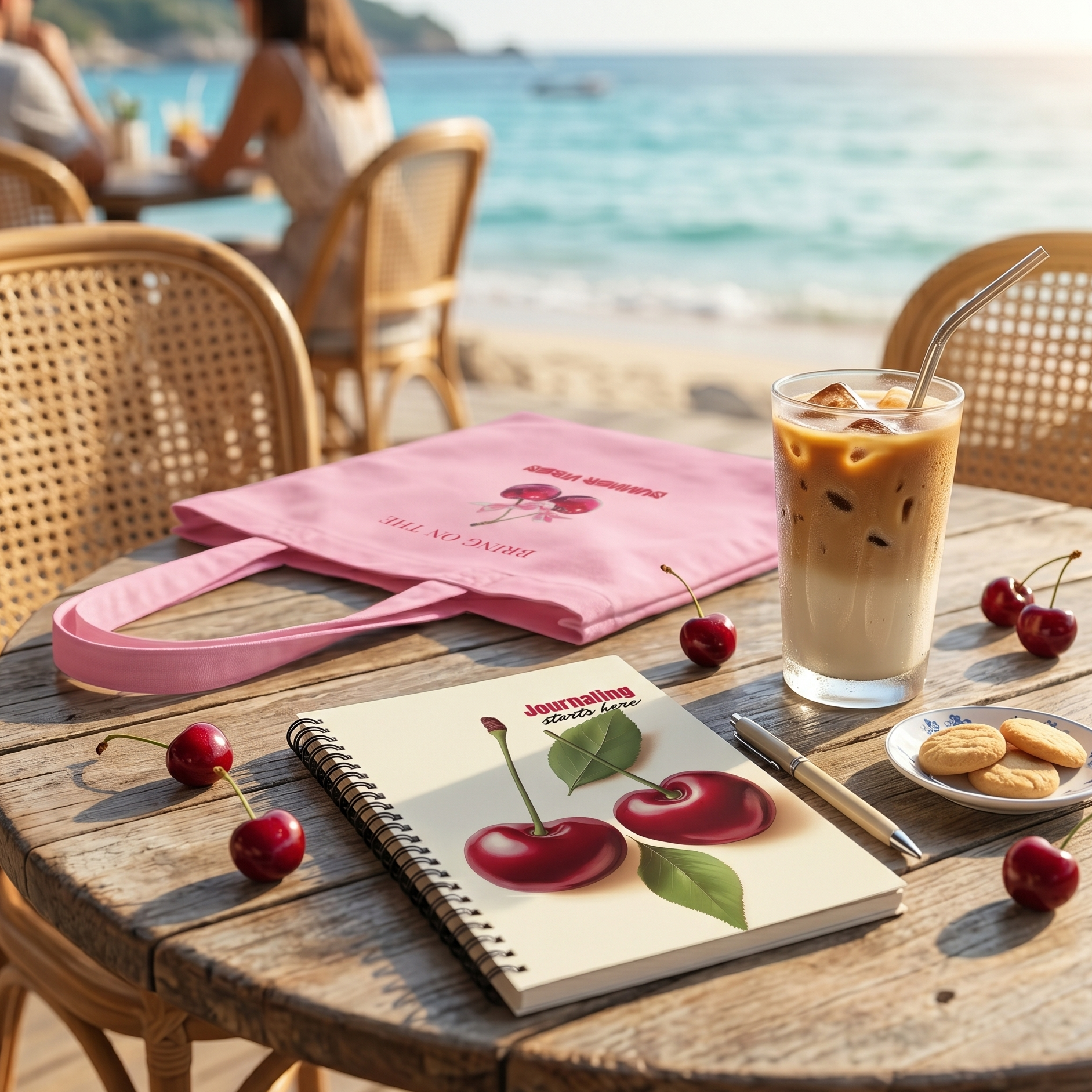 Table with a spiral notebook that has a bold cherry design, glass of iced coffee, pink eco tote bag, and cherries by the beach.