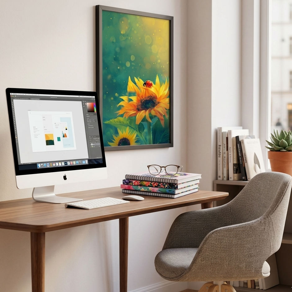 A modern and cozy home office featuring the 'Ladybug on Sunflower' framed poster on the wall. A wooden desk holds an iMac, a stack of colorful floral notebooks with reading glasses on top, and a white computer mouse. A grey upholstered office chair sits tucked under the desk near a bright window.