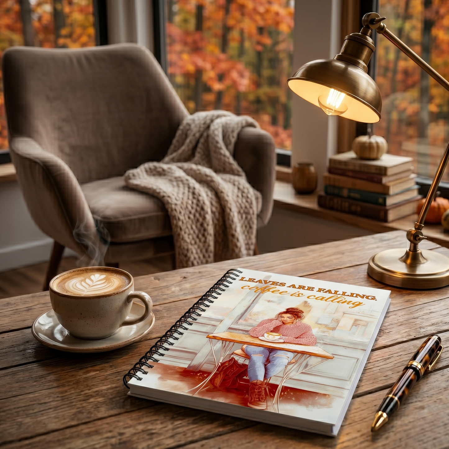 Cozy autumn scene with a cup of coffee, spiral notebook with an illustration of young woman having coffee and text 'Leaves are Falling, Coffee is Calling'
Premium stationery for journaling and sketching.