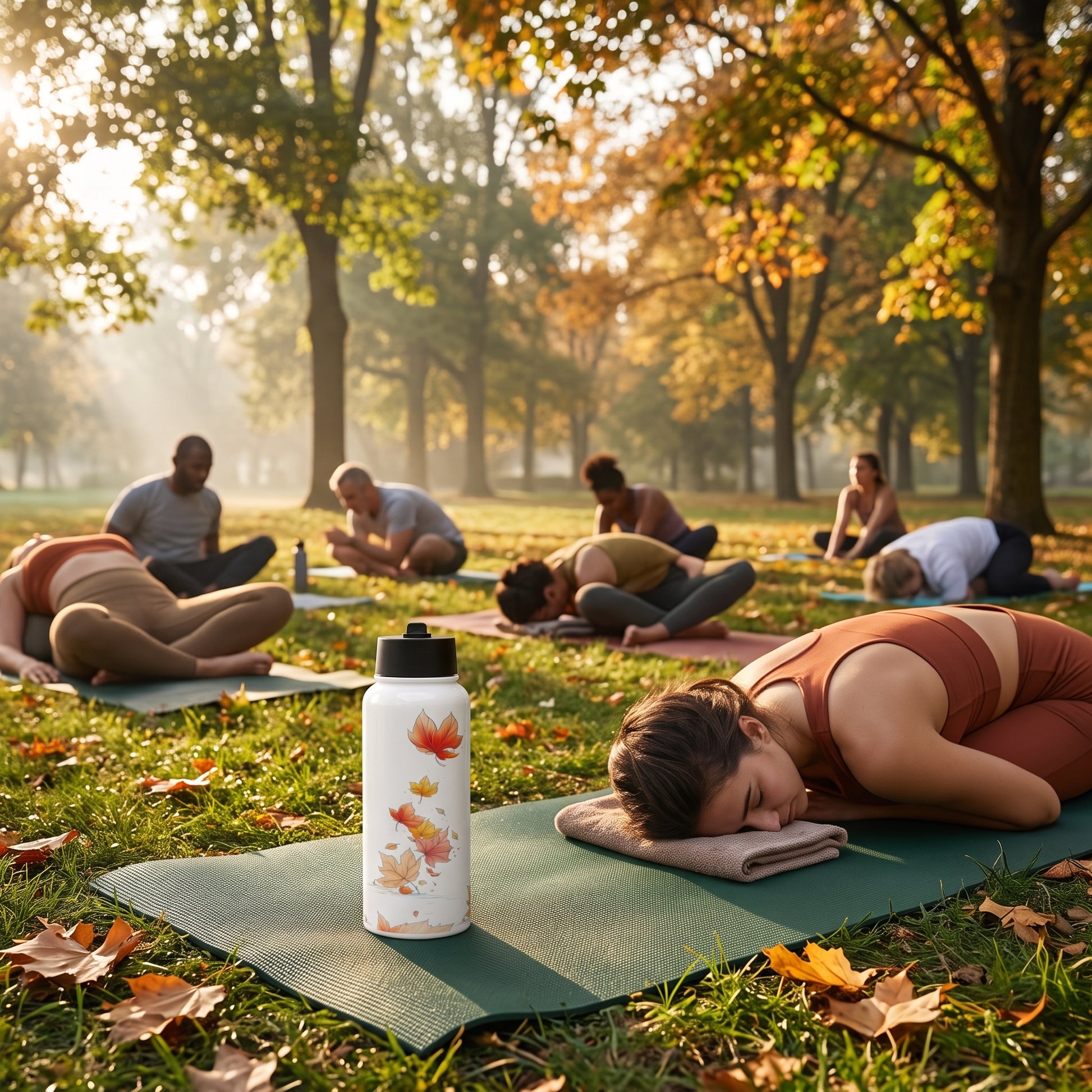 A white reusable water bottle with a black lid and orange leaves print by Sweet & Savage stands on a green yoga mat in a park, with people practicing yoga in the background during golden hour.