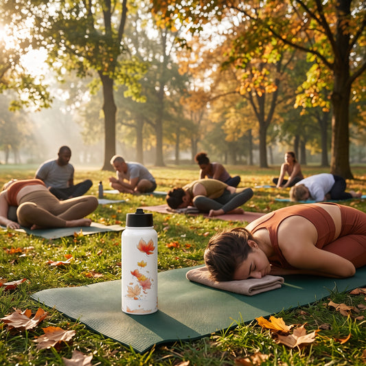 A white reusable water bottle with a black lid and orange leaves print by Sweet & Savage stands on a green yoga mat in a park, with people practicing yoga in the background during golden hour.