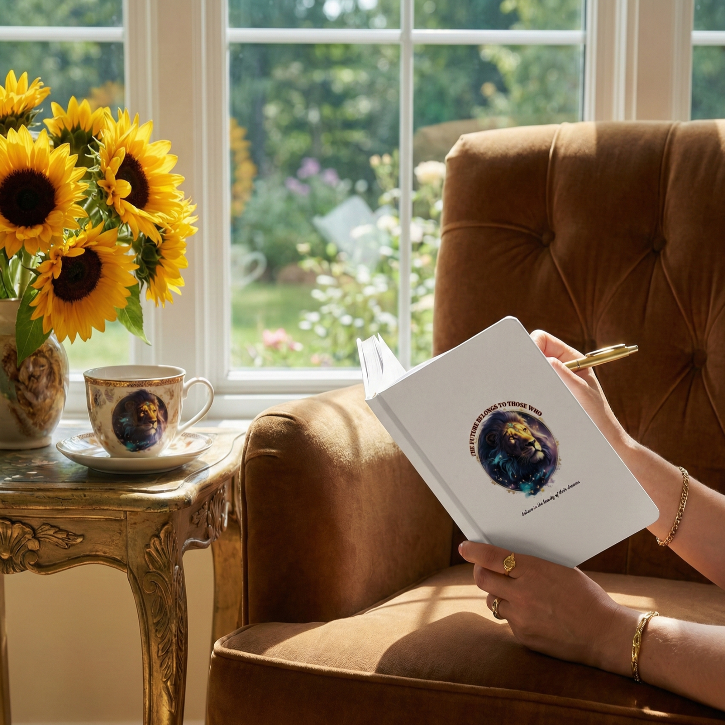 White hardcover Leo zodiac journal with a cosmic lion illustration, being written in on a sun-drenched velvet armchair next to fresh sunflowers and a lion-themed teacup.