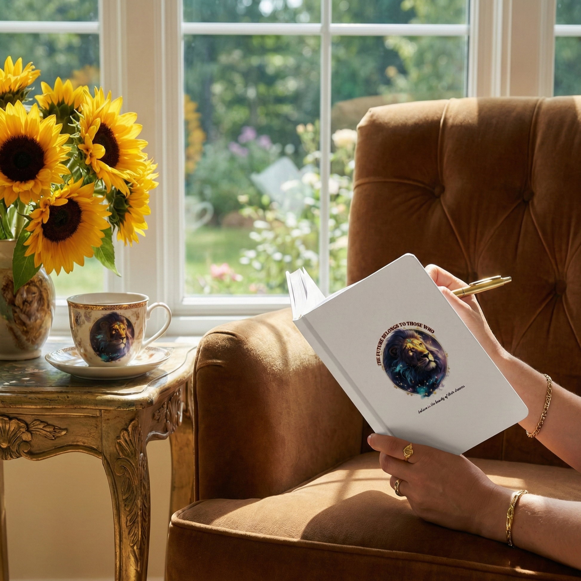 White hardcover Leo zodiac journal with a cosmic lion illustration, being written in on a sun-drenched velvet armchair next to fresh sunflowers and a lion-themed teacup.