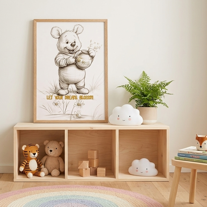 Children's room with a wooden shelf, and framed picture of a bear with the text 'Let Your Dreams Blossom'. 