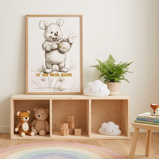 Children's room with a wooden shelf, and framed picture of a bear with the text 'Let Your Dreams Blossom'. 