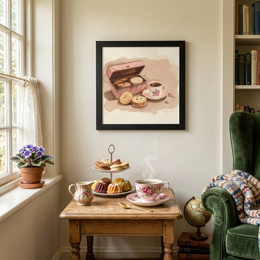 A lifestyle mockup of a square black-framed art print featuring a pink cookie tin and teacup, hanging in a cozy reading nook. Below the art, a rustic wooden side table holds a tiered tray of assorted cakes and cookies, a steaming floral teacup, and a small vase of purple flowers next to a green velvet armchair.