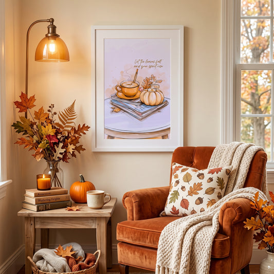 A framed autumn-themed art print hangs on a beige wall in a cozy living room setting. The print features a watercolor illustration of a mug, a small pumpkin, and the text 'Let the leaves fall and you stay too.