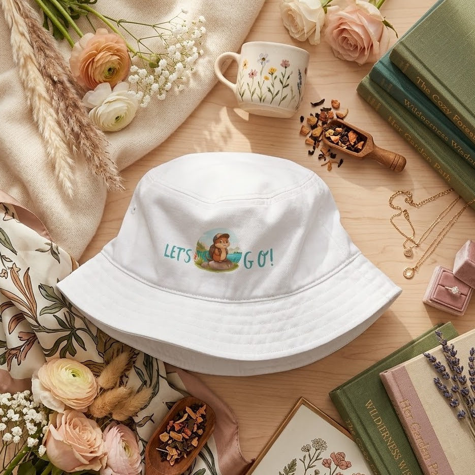 White bucket hat with 'Let's Go!' text on a table with flowers, books, and jewelry.