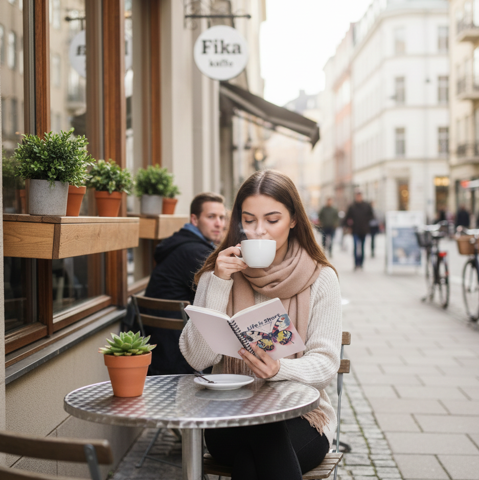 Young woman drinking coffee and holding a pink notebook with a butterfly design with a text that says 'Life is Short'. 