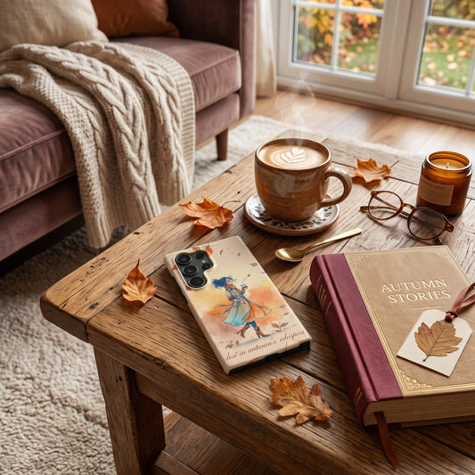 A cozy autumn-themed lifestyle scene on a wooden coffee table. A Samsung phone case featuring a vintage illustration of a girl in a long coat is prominently displayed next to a hardcover book titled 'Autumn Stories' and a coffee cup on a saucer, with fall leaves and warm home decor in the background.