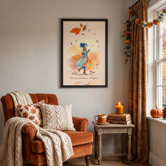 Framed poster of a young woman walking while holding a cup of coffee in an autumn setting with the text 'Lost in Autumn's Whispers'. The famed poster is hanging on a wall in a cozy autumn setting. 