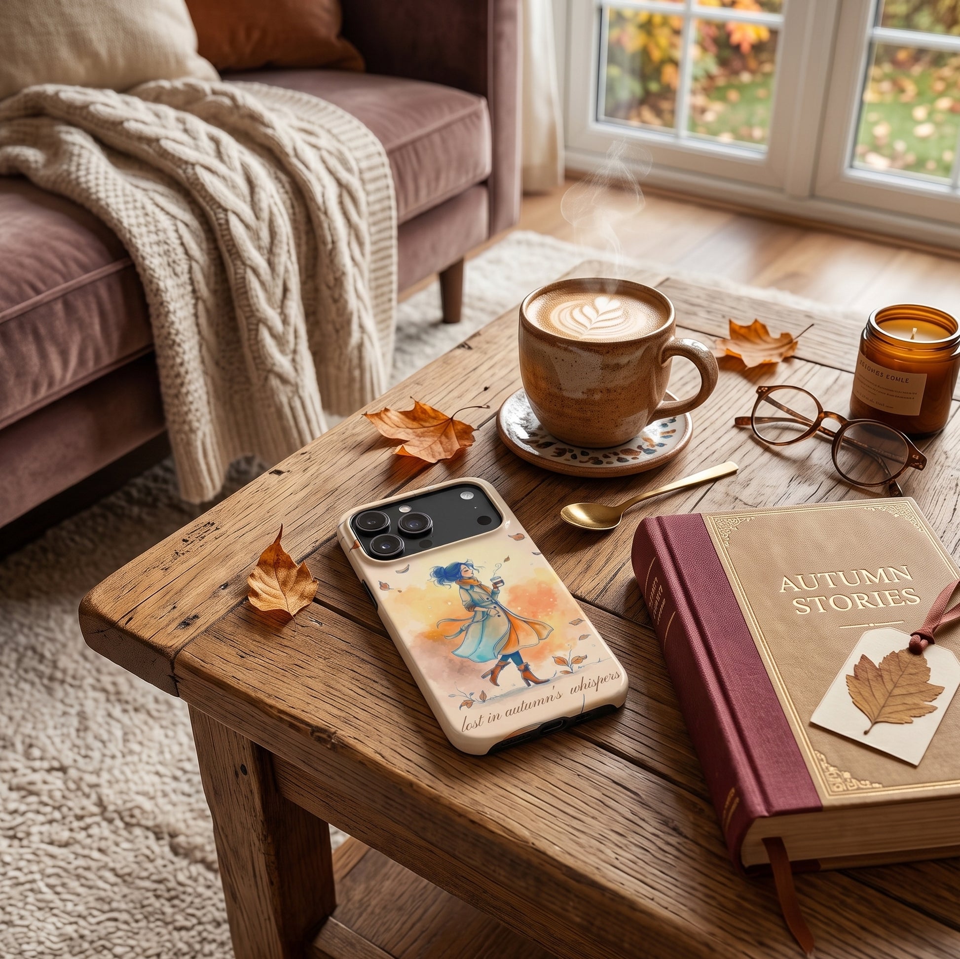 A phone case featuring an autumn-themed illustration of a girl in a long coat holding a cup of coffee, shown on a rustic wooden coffee table in a cozy living room setting next to a book, a cup of coffee, and fall leaves.