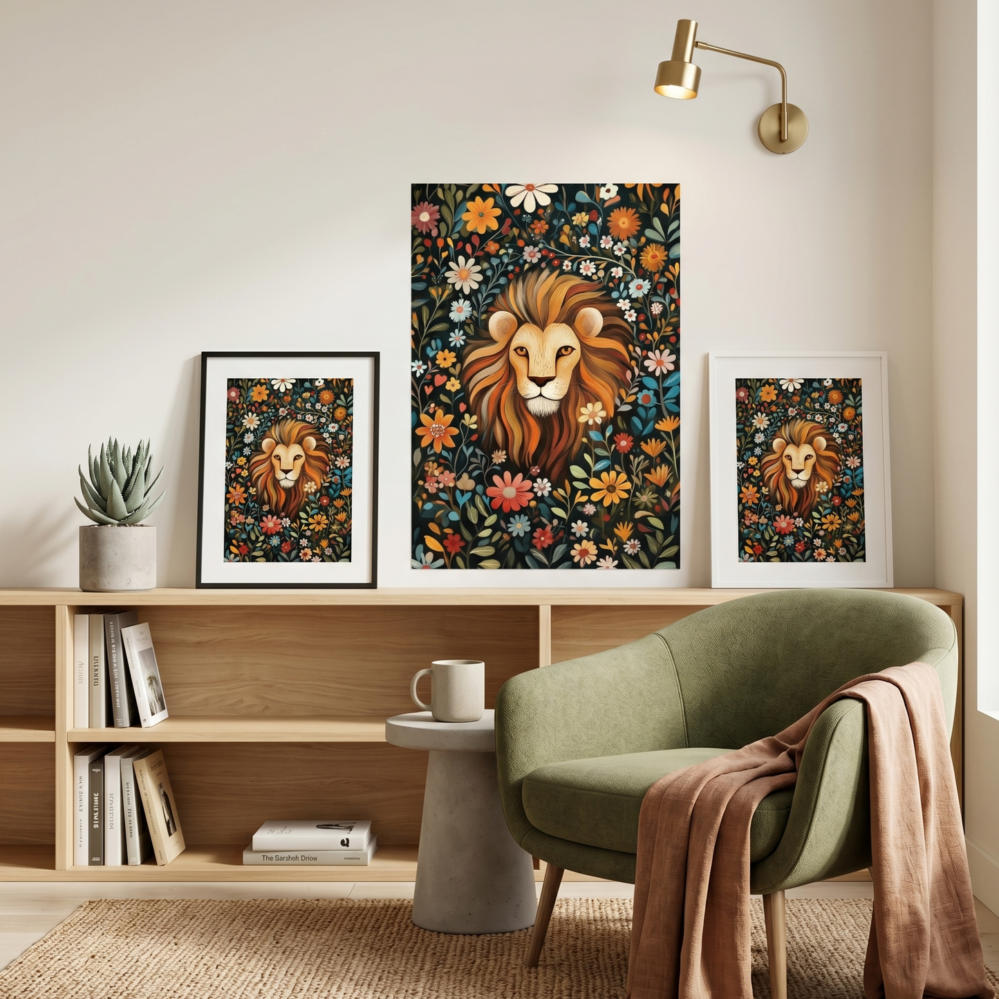 Living room with a green armchair, wooden shelf, and art work of a floral lion both on the wall and as framed art work. 