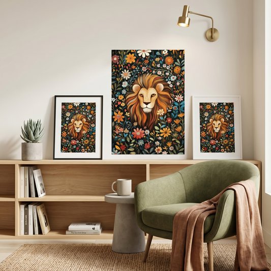 Living room with a green armchair, wooden shelf, and art work of a floral lion both on the wall and as framed art work. 