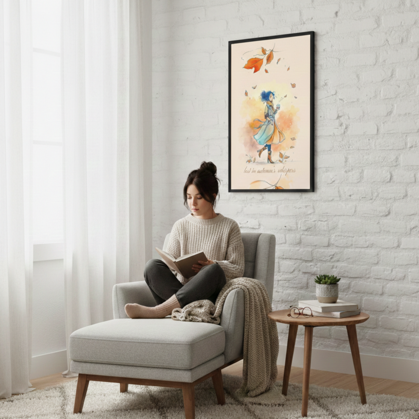 Woman reading a book in a cozy living room with a framed autumn artwork on the wall.