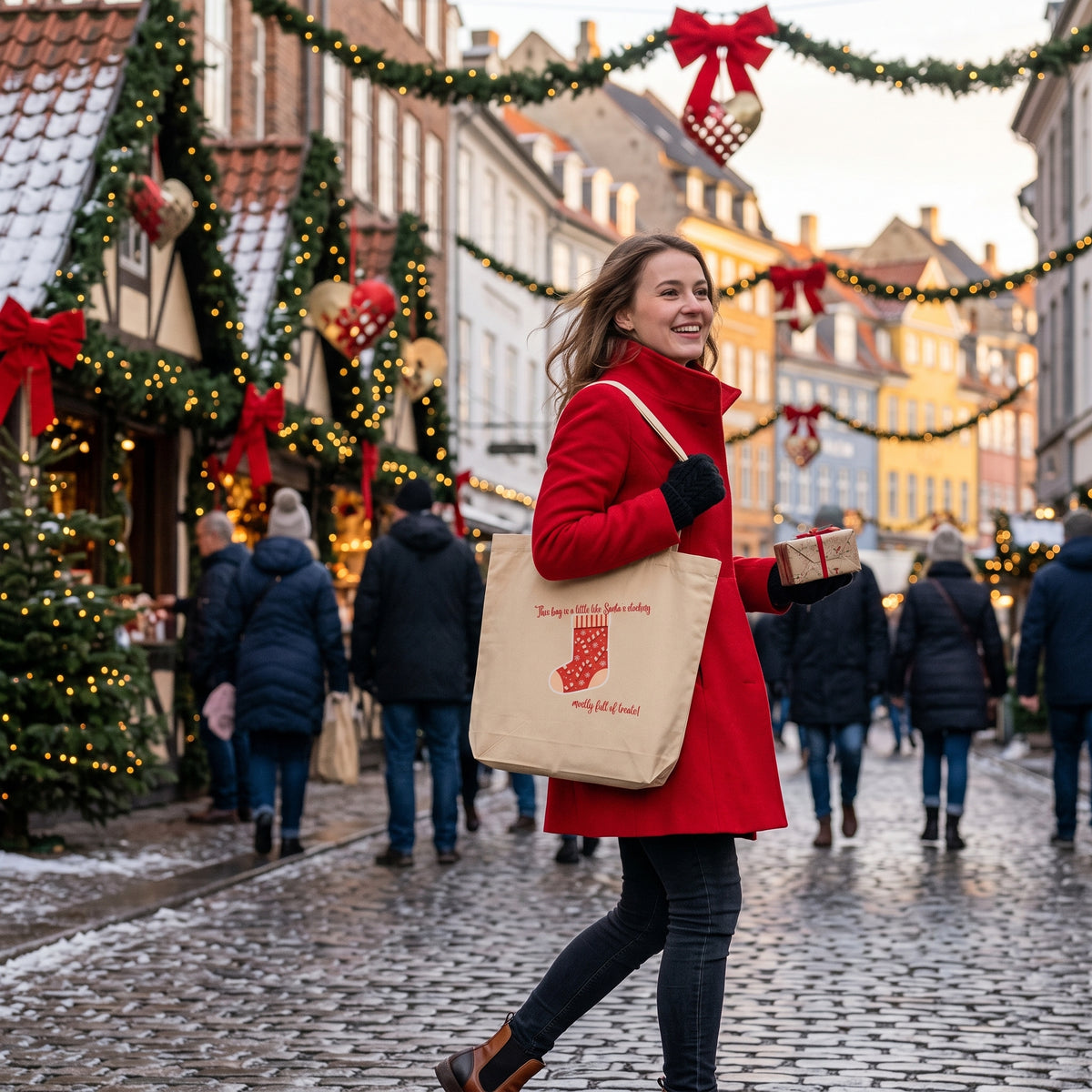 A woman in a red coat walks through a cobblestone street decorated for Christmas, carrying a beige canvas tote bag with a red stocking graphic and the text 'This bag is a little like Santa's stocking: mostly full of treats'. 