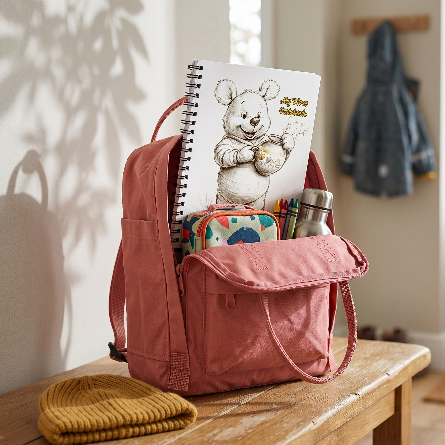 A small pink children’s canvas backpack on a wooden bench, with the Savage Sprouts ‘My First Notebook’ spiral notebook peeking out. The cover features a Pooh-bear-like sketch holding a honey pot. Natural daylight shines from a window with plant shadows.