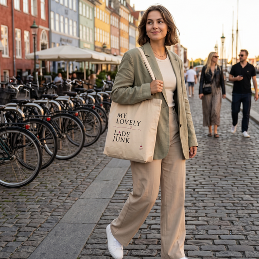 A woman walking on a cobblestone street in a city, wearing an olive green blazer, beige trousers, and white sneakers, while carrying a beige canvas tote bag with the text 'MY LOVELY LADY JUNK' and the logo of Sweet & Savage.