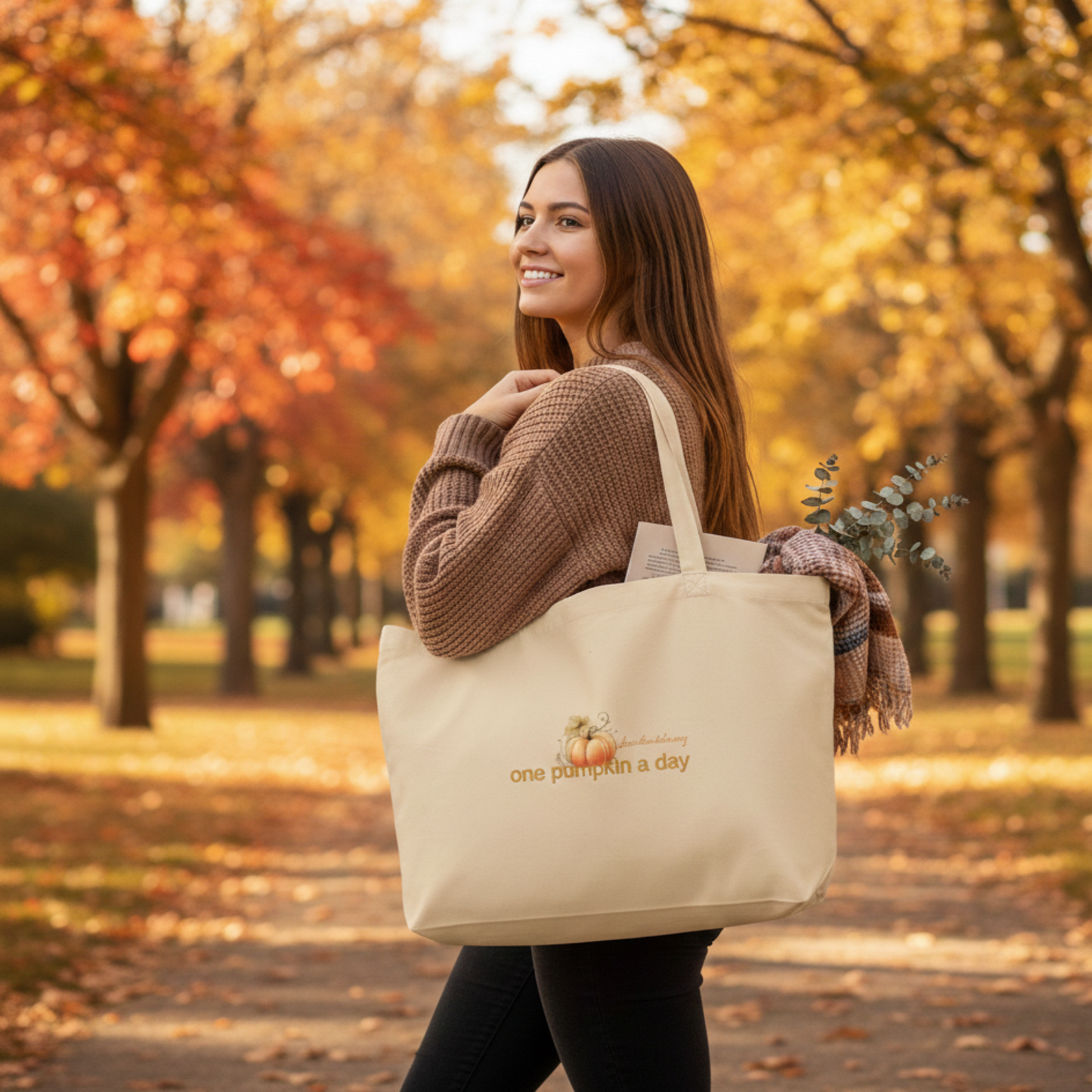 A smiling woman walks through an autumn park filled with orange-leafed trees, carrying the Sweet & Savage Eco Tote Bag over her shoulder. The cream-colored organic cotton tote features a 'one pumpkin a day' graphic with a small pumpkin illustration, showcasing its large shopper capacity.