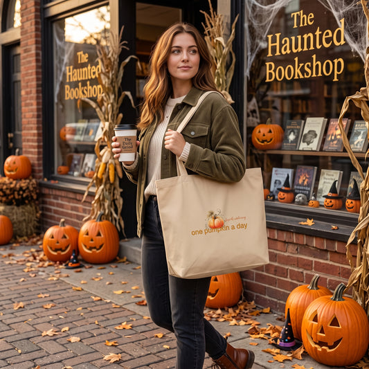 A woman stands on a brick sidewalk in front of a Halloween-themed storefront called The Haunted Bookshop, carrying a beige canvas tote bag printed with 'One pumpkin a day, keeps the witches away' and a small pumpkin illustration by Sweet & Savage. She holds a coffee cup and wears an olive green jacket and dark jeans.