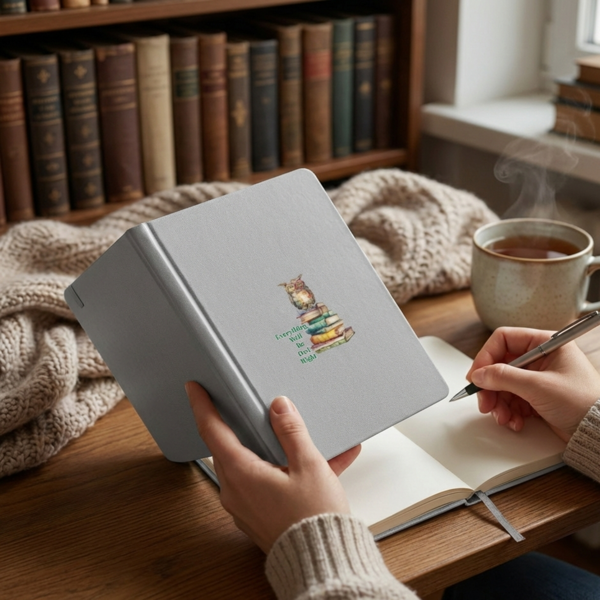 A person with a pen, ready to write in an open "Everything Will Be Owl Right" grey hardcover notebook with a bookish owl design, sitting at a cozy wooden desk surrounded by books.