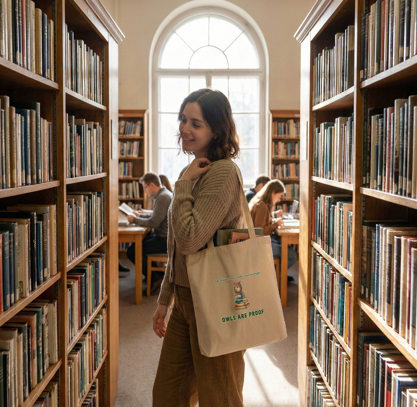 A woman carrying an Oyster-colored organic cotton tote bag featuring an owl on a stack of books with the text 'Owls Are Proof', standing in a cozy, sunlit library aisle filled with classic books.