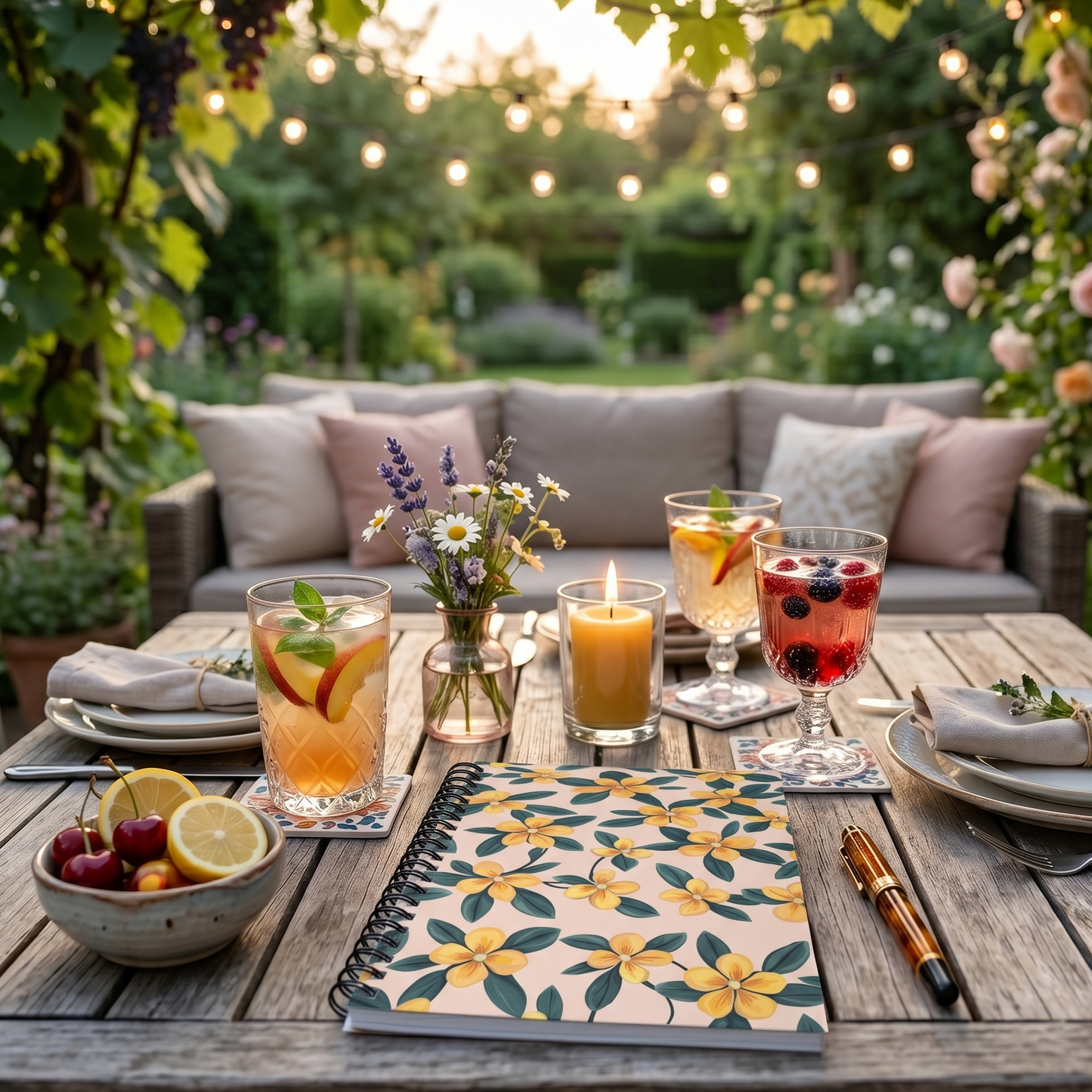 Cozy outdoor setting with a wooden table set for a meal, featuring drinks, snacks, and a spiral notebook with yellow periwinkles design by Sweet & Savage. 