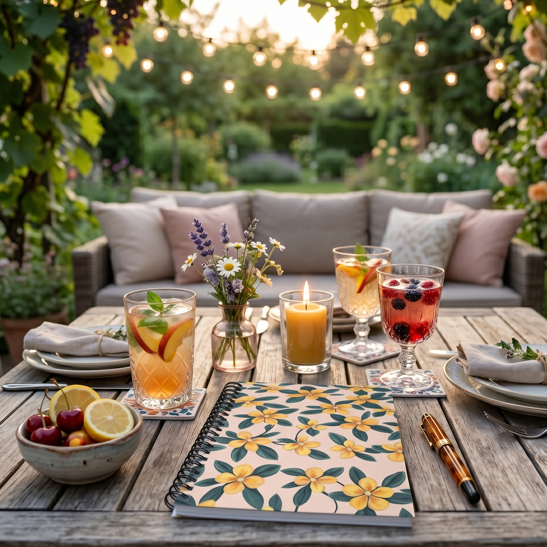 Cozy outdoor setting with a wooden table set for a meal, featuring drinks, snacks, and a spiral notebook with yellow periwinkles design by Sweet & Savage. 