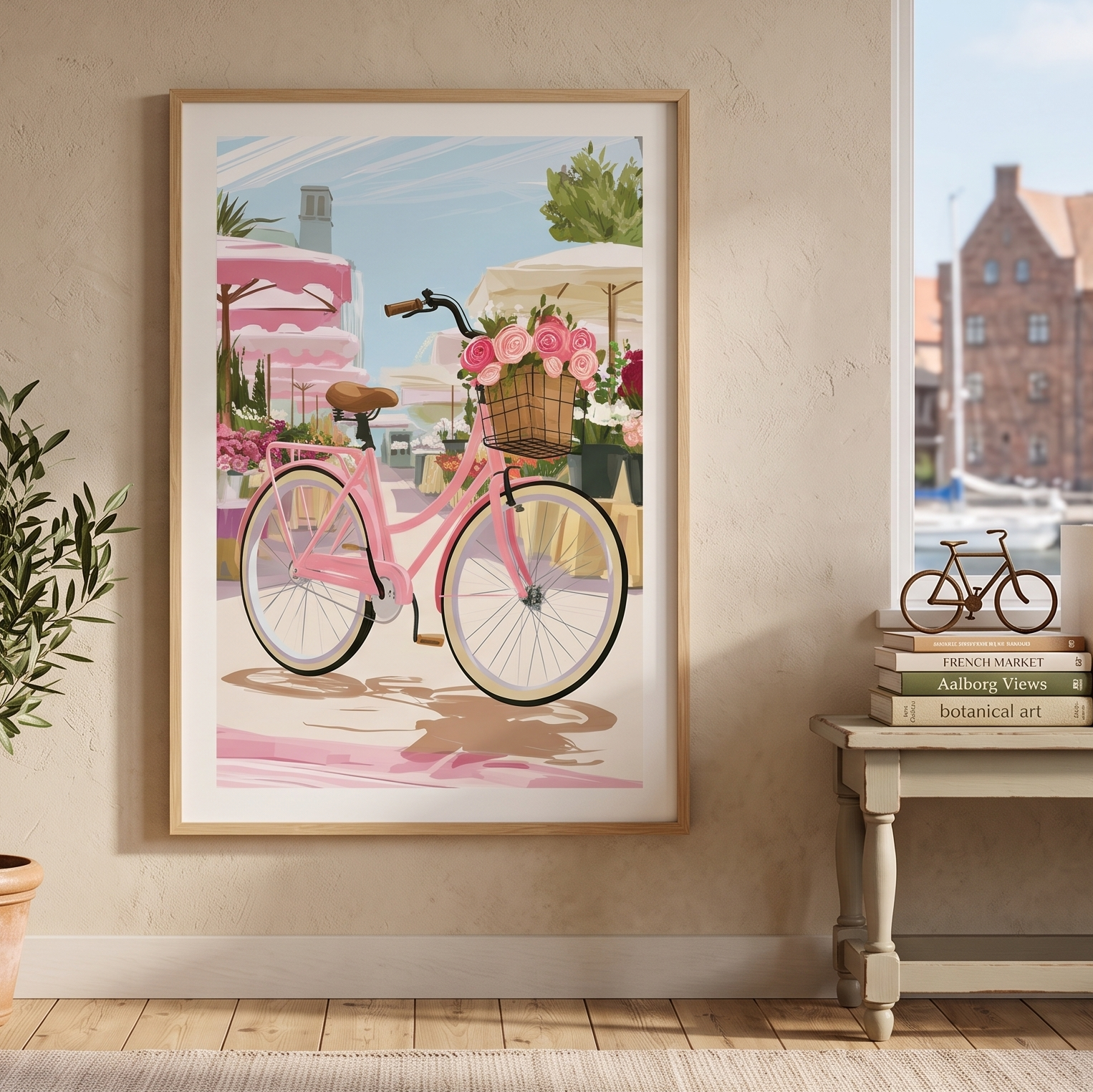 A framed art print depicting a pink bicycle with a basket of flowers in a coastal village scene, styled on a beige wall in a room with a potted plant and a window view.
