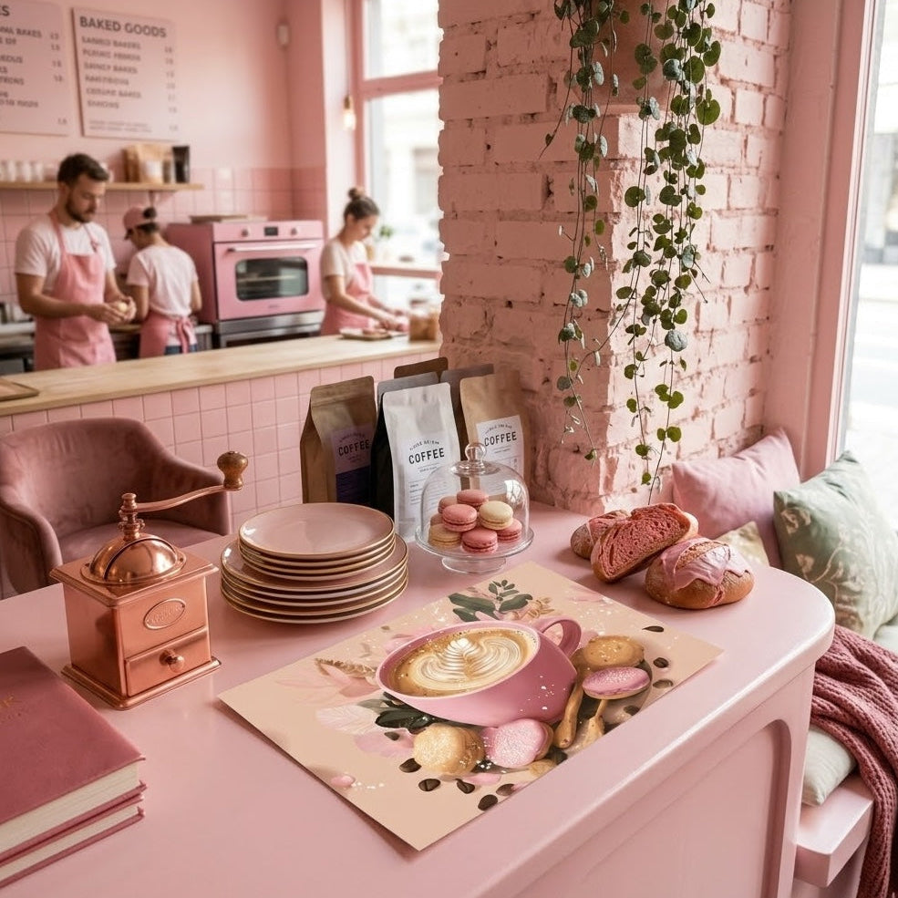 A horizontal paper poster of a pink coffee cup and floral latte art displayed on a pink concrete surface in an industrial-style café, surrounded by coffee bags cozy decor. 
