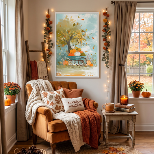 Cozy living room with autumn decorations, including pumpkins and a framed poster depicting a wagon full of colorful pumpkins and autumn leaves falling. 