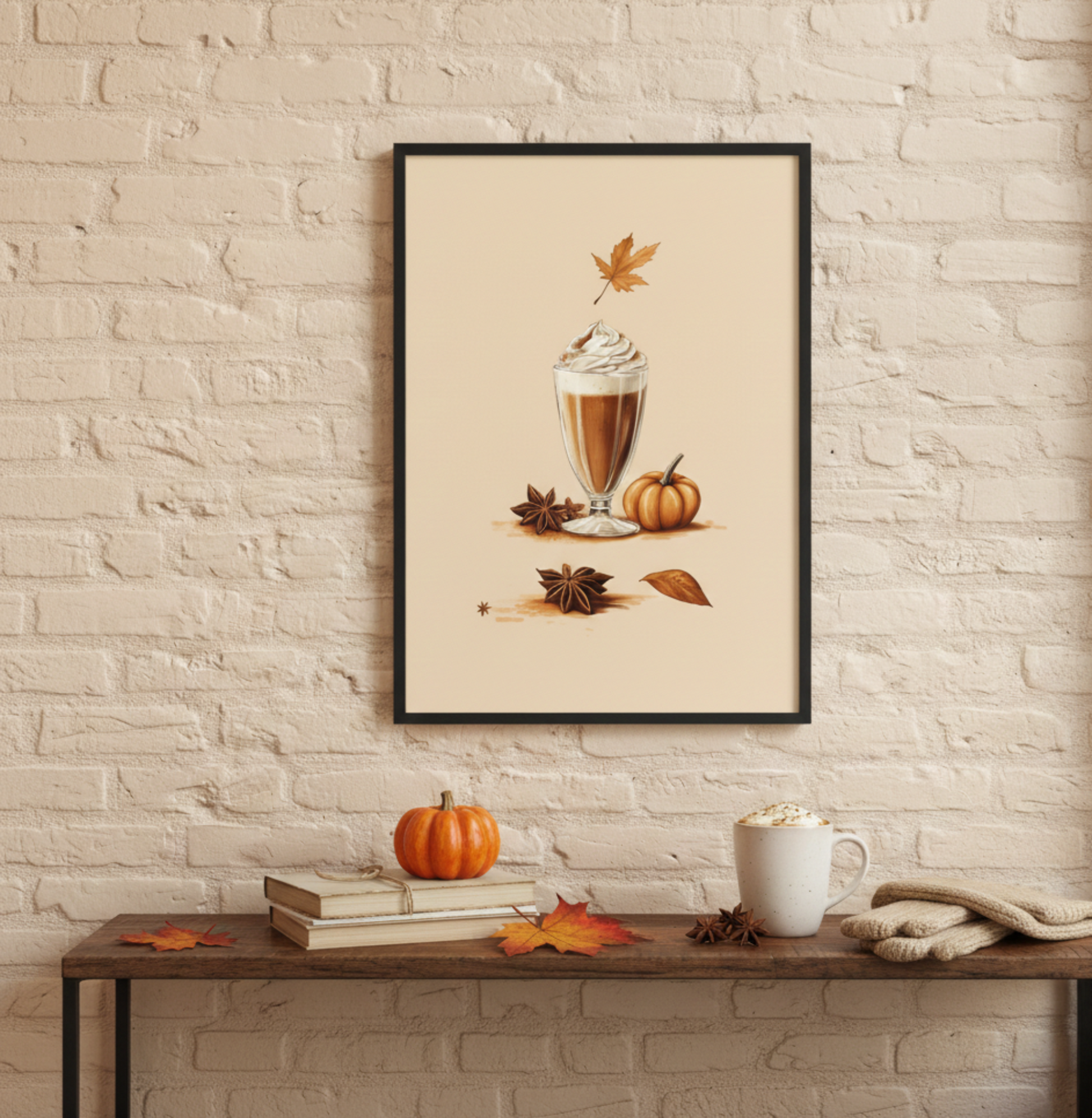 Framed wall art poster featuring a detailed illustration of a pumpkin spice latte glass with whipped cream, star anise, and falling autumn leaves on a beige background. Mockup shows the poster in a black frame hanging on a light brick wall above a wooden table with fall decor.