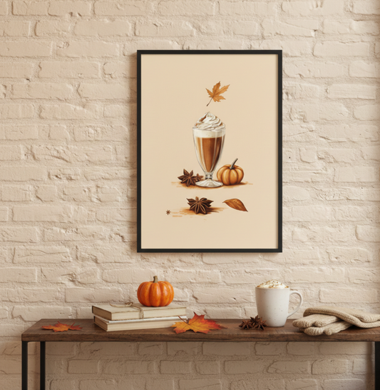 Framed wall art poster featuring a detailed illustration of a pumpkin spice latte glass with whipped cream, star anise, and falling autumn leaves on a beige background. Mockup shows the poster in a black frame hanging on a light brick wall above a wooden table with fall decor.