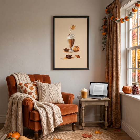 Framed poster depicting pumpkin spice latte hanging on a wall in a cozy living room that is decorated for he autumn season 