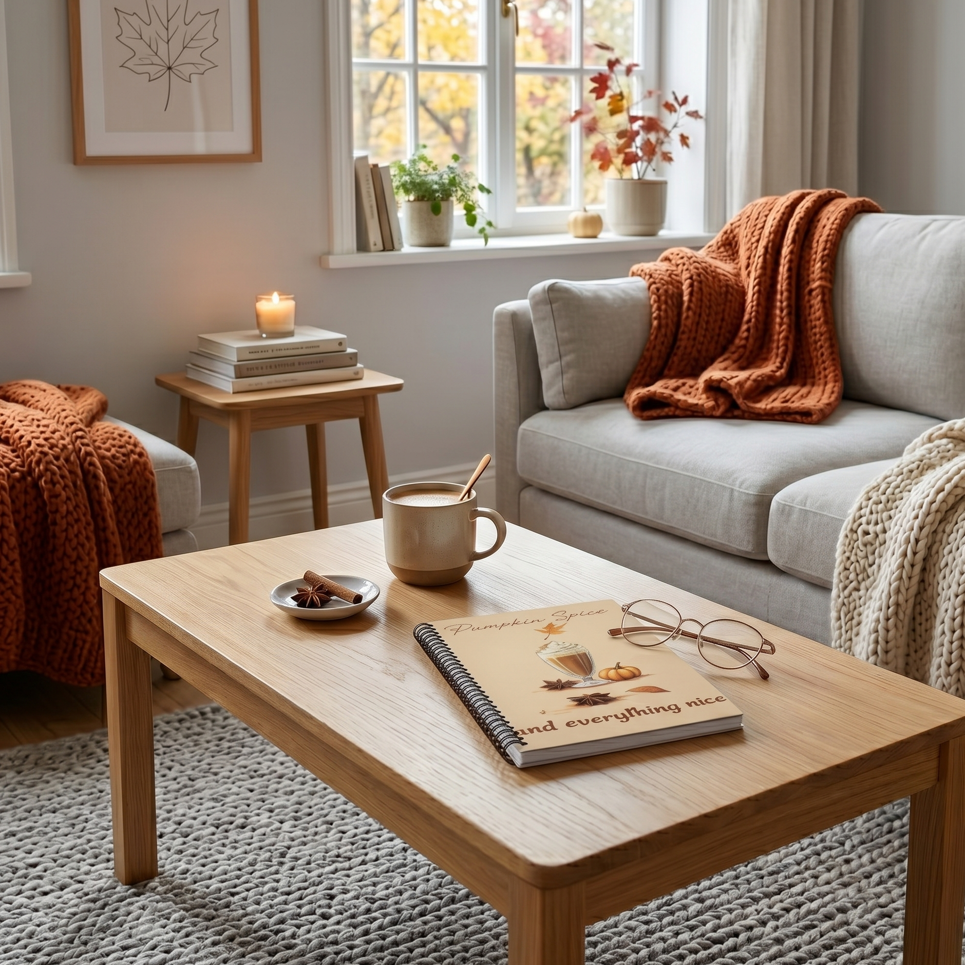 Cozy living room with a coffee table, couch, and a spiral notebook with a design of pumpkin spice latte and the words 'Pumpkin Spice and Everything Nice'. 