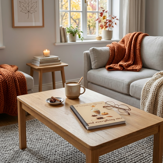 Cozy living room with a coffee table, couch, and a spiral notebook with a design of pumpkin spice latte and the words 'Pumpkin Spice and Everything Nice'. 