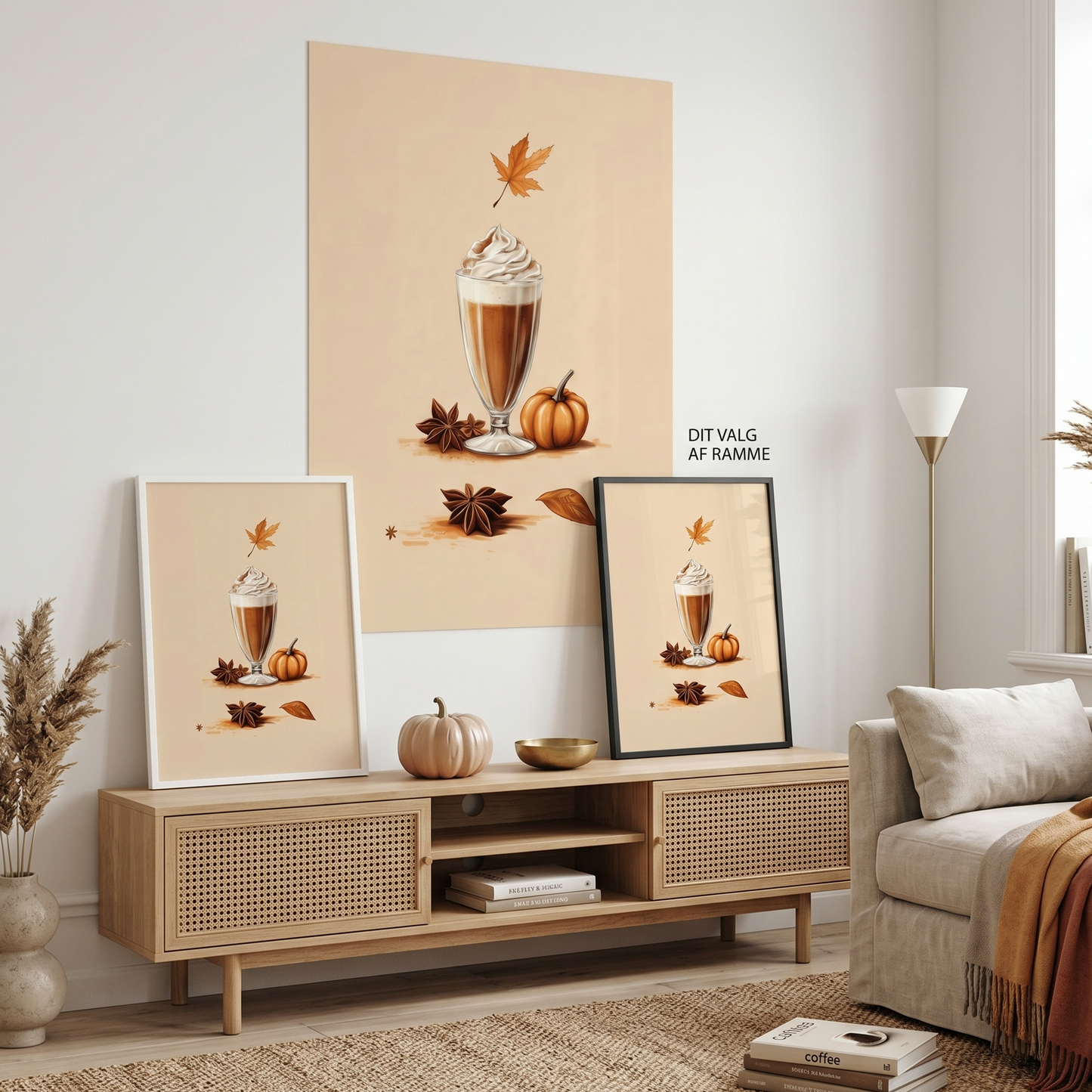 Living room with wooden TV stand, sofa, and decorative wall art featuring a pumpkin spice latte theme.