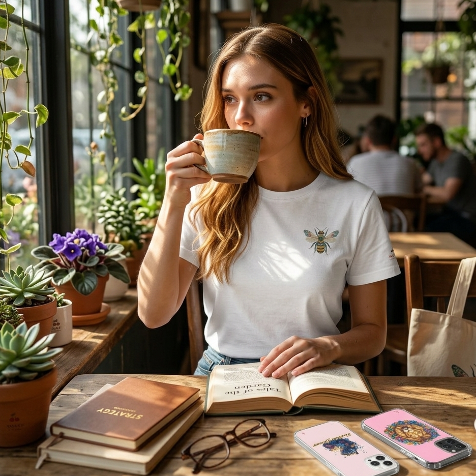 A lifestyle mockup of a young woman wearing a white bee-graphic t-shirt while drinking coffee in a sunlit cafe. On the wooden table in front of her are two iPhone cases—one with a floral lion and one with a blue tiger—alongside a leather journal, glasses, and an open book.
