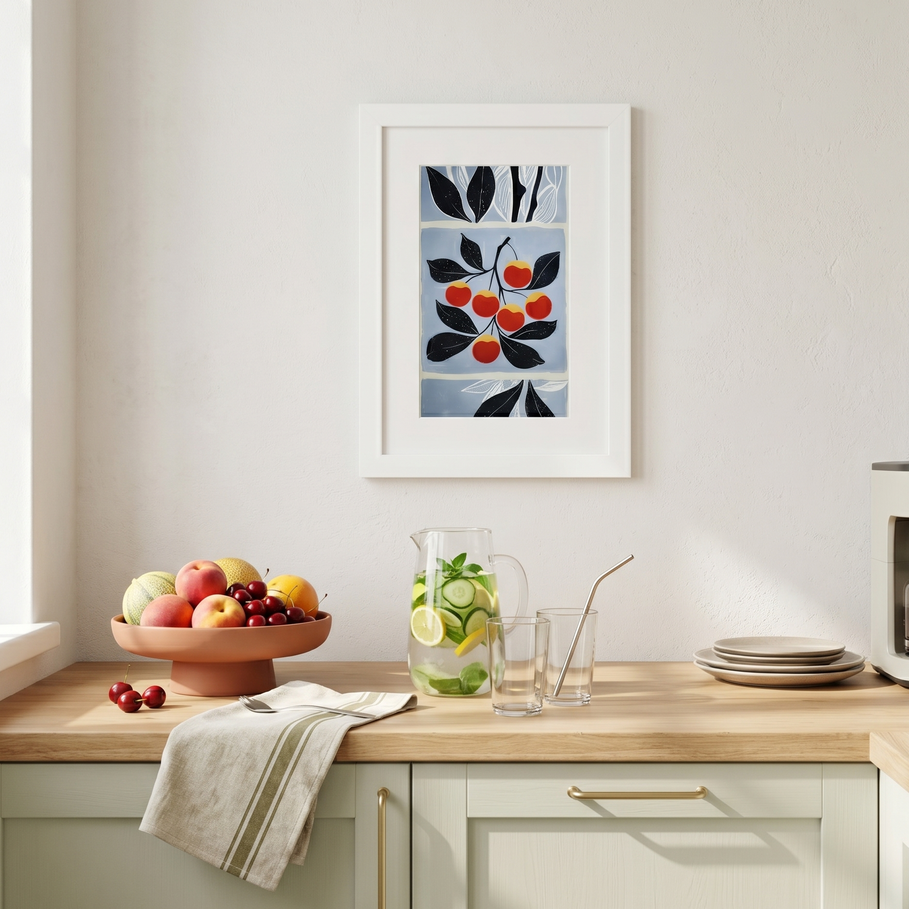Kitchen counter with fruit bowl, pitcher of lemonade, and framed artwork on the wall.