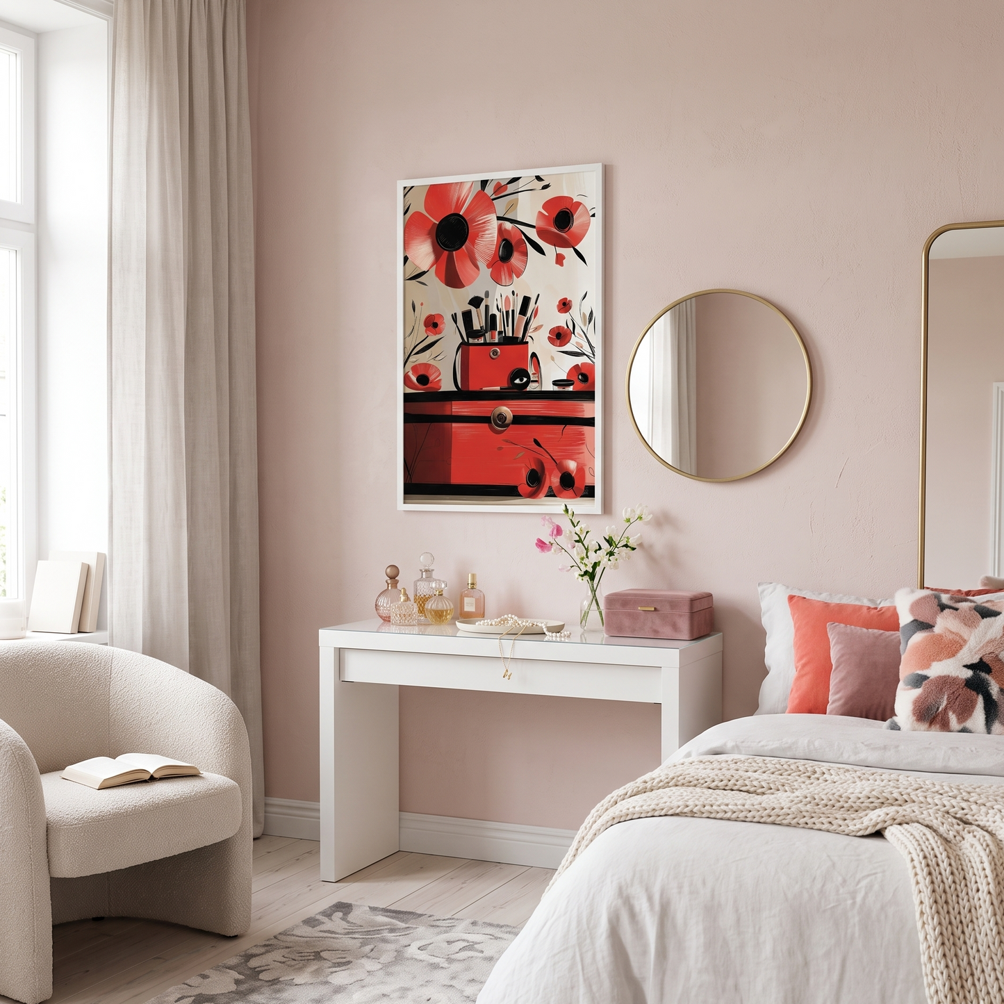 Framed poster of a red makeup bag and luxury makeup hanging in a modern bedroom that is decorate with feminine nicknacks 