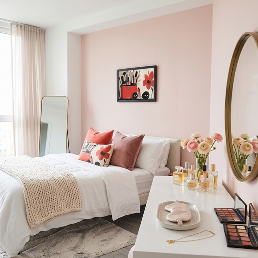 Framed poster of a red makeup bag hanging on a wall of a pink bedroom that is decorated in a feminine fashion. 