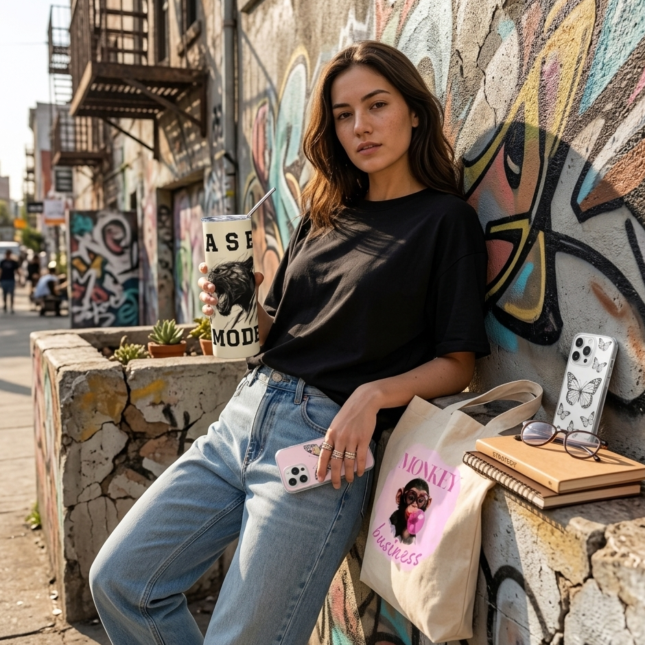 An urban lifestyle mockup of a young woman leaning against a graffiti-covered brick wall. She is holding a white stainless steel tumbler with a black panther "Release the Beast Mode" design. A "Monkey Business" chimp tote bag, two butterfly iPhone cases, and a notebook are styled on a concrete ledge beside her.